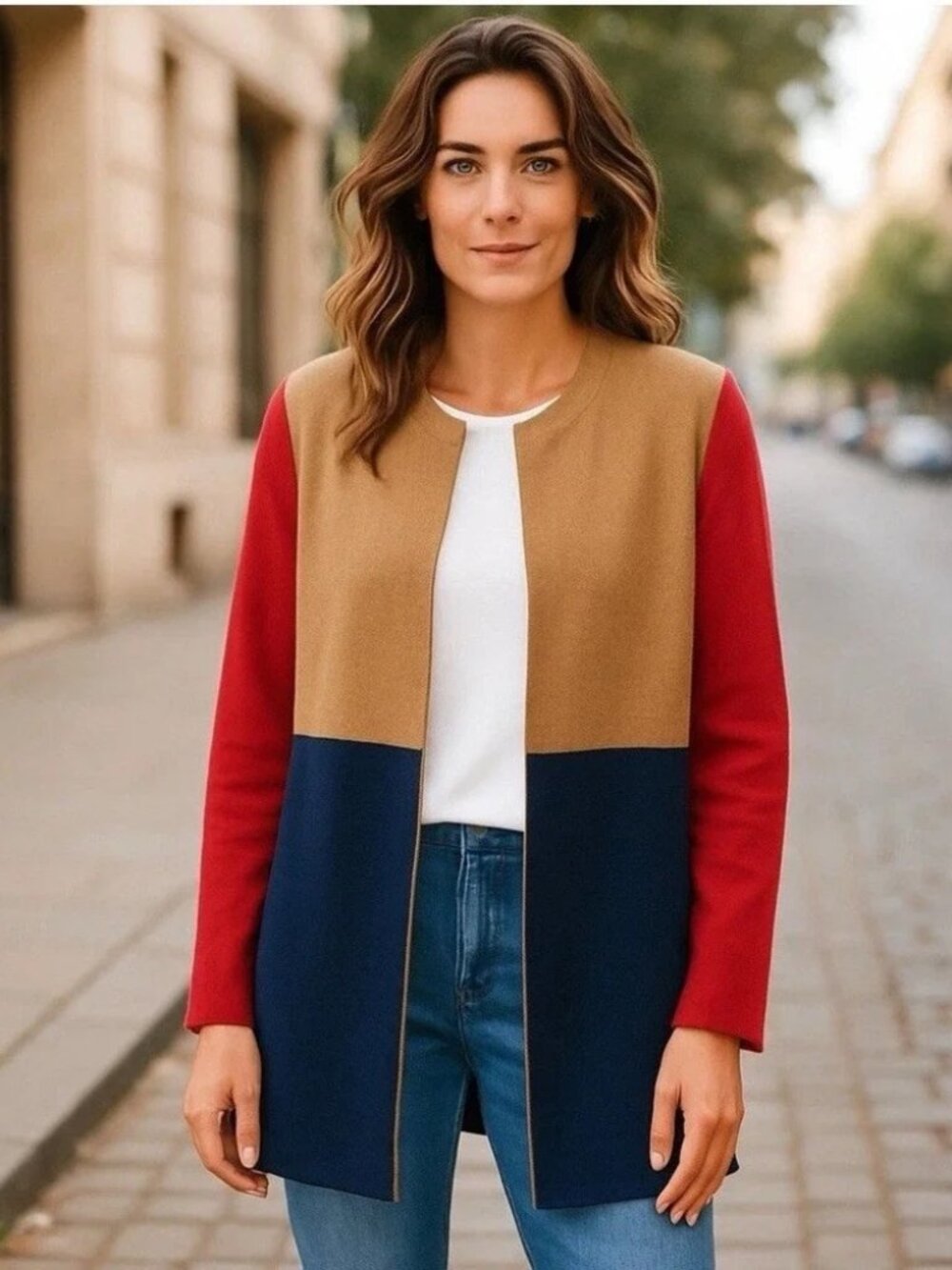 J.Crew Colorblock Open Front Vanessa Cardigan Sweater Red Brown Navy XL